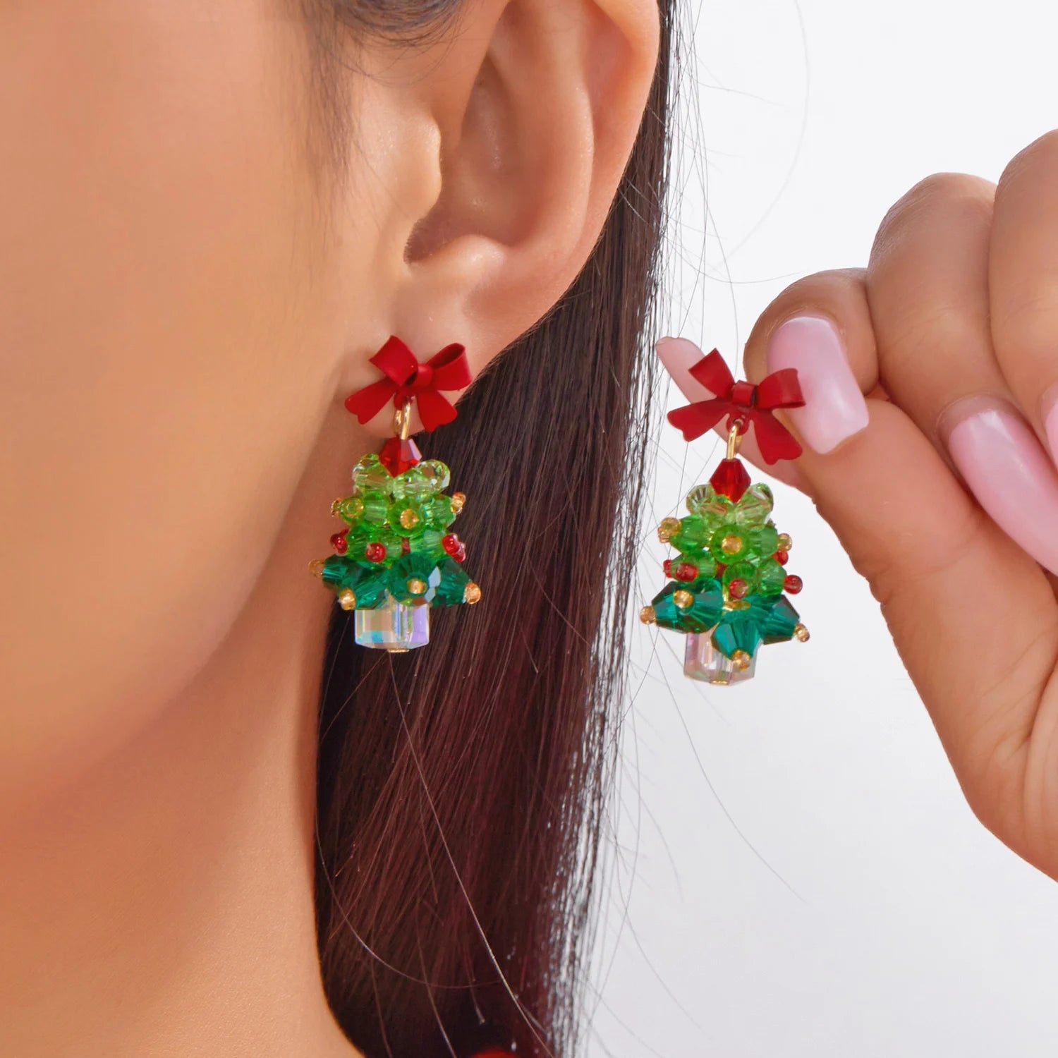 Crystaléa – Green Crystal Christmas Tree Earrings with Hairball