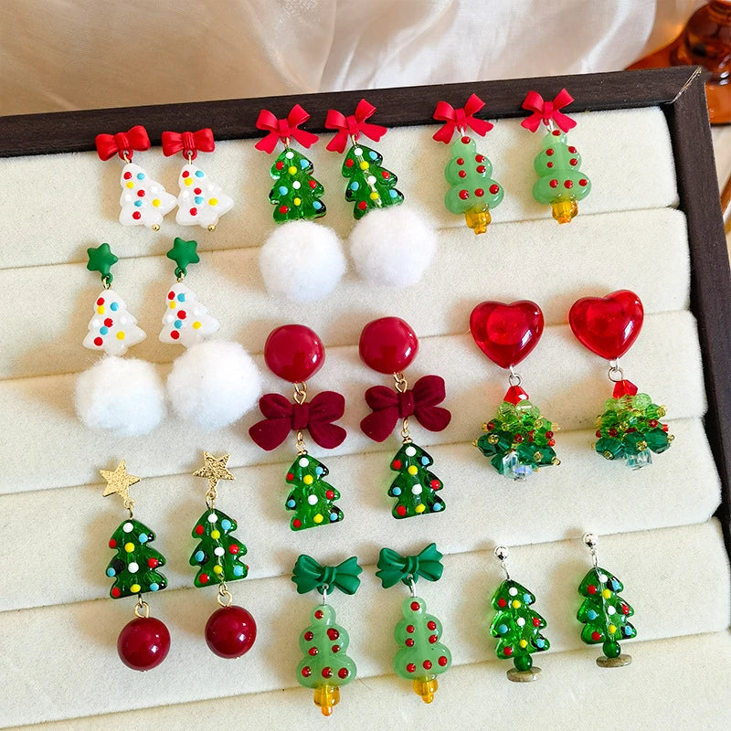 Crystaléa – Green Crystal Christmas Tree Earrings with Hairball