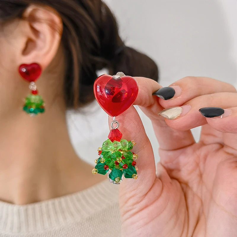 Crystaléa – Green Crystal Christmas Tree Earrings with Hairball