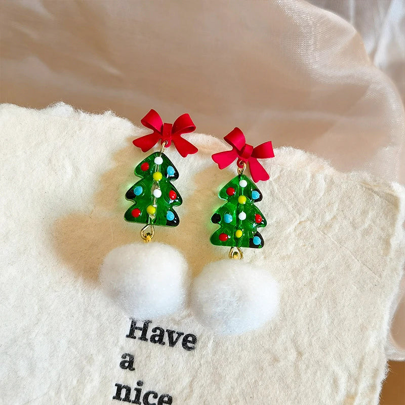 Crystaléa – Green Crystal Christmas Tree Earrings with Hairball
