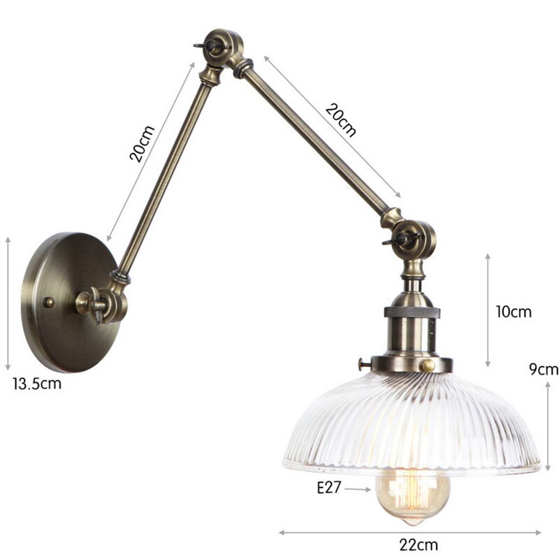 Rustaro – Lámpara de pared vintage con pantalla de vidrio – Brazo industrial ajustable