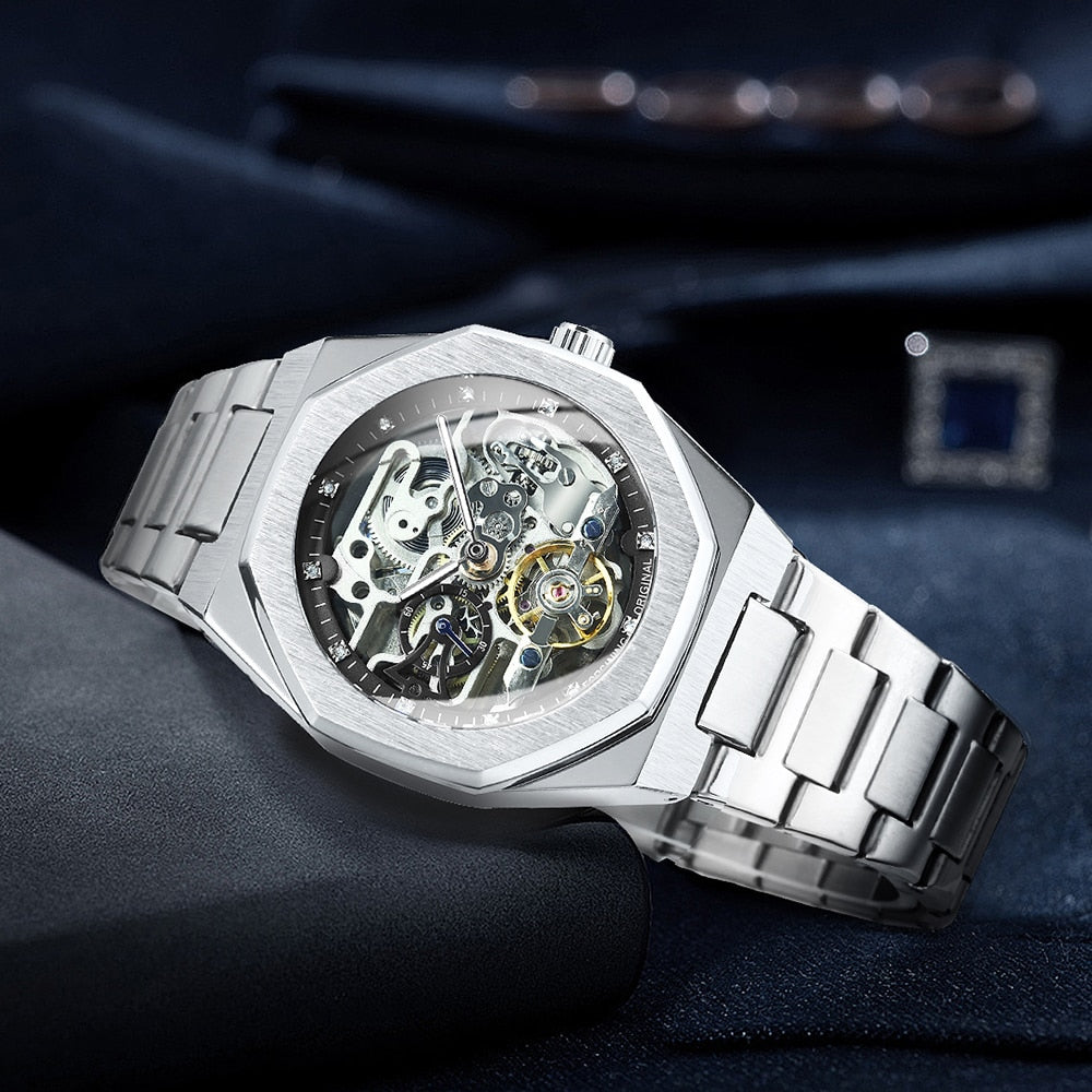 Melzano Skeleton Automatik Horloge - Roestvrijstalen Band met Opengewerkt Mechanisch Uurwerk
