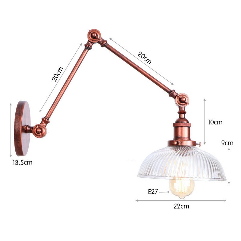 Rustaro – Lámpara de pared vintage con pantalla de vidrio – Brazo industrial ajustable