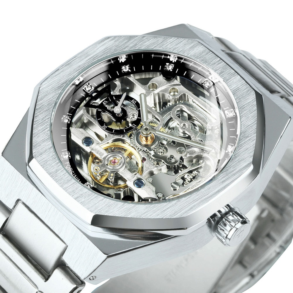 Melzano Skeleton Automatik Horloge - Roestvrijstalen Band met Opengewerkt Mechanisch Uurwerk