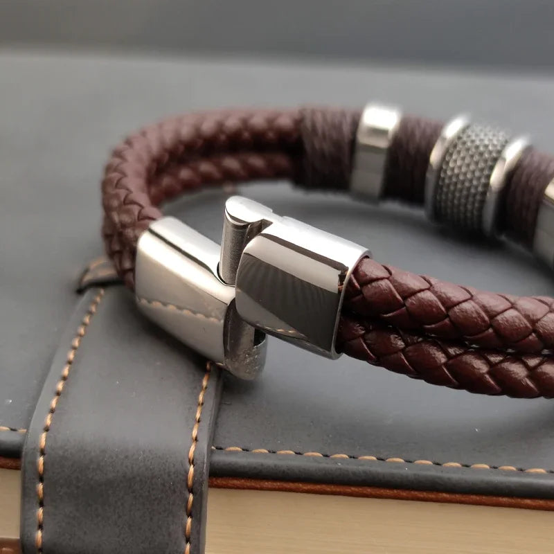 Pulsera para hombre de cuero - Marrón, diseño multicapa de acero inoxidable, elegante y duradero