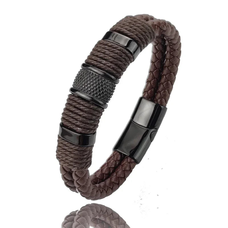 Pulsera para hombre de cuero - Marrón, diseño multicapa de acero inoxidable, elegante y duradero
