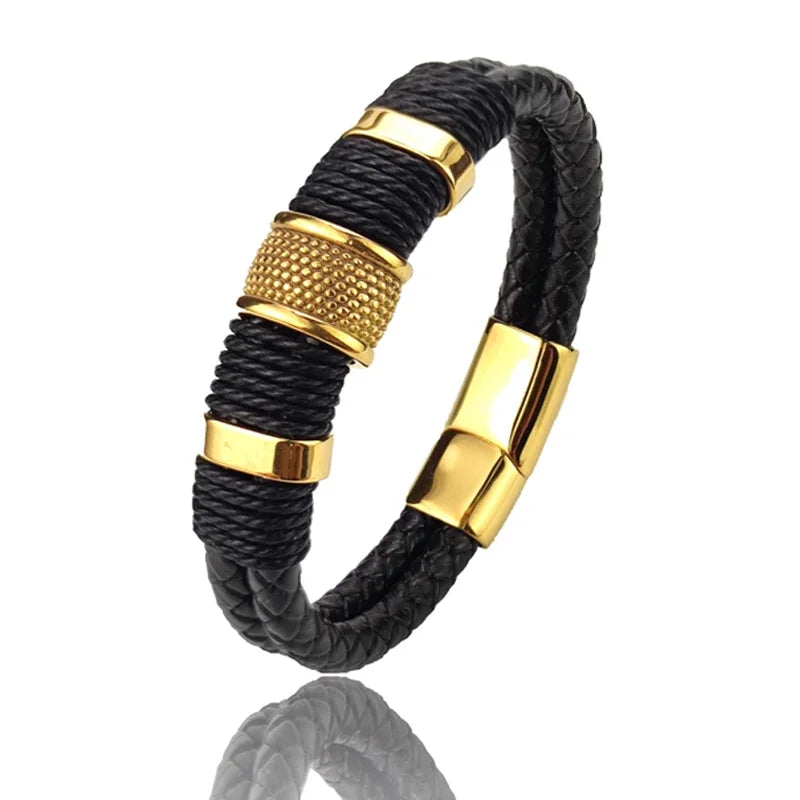 Pulsera para hombre de cuero - Marrón, diseño multicapa de acero inoxidable, elegante y duradero