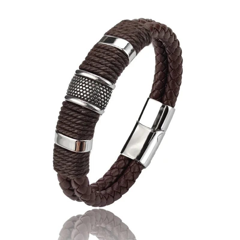 Pulsera para hombre de cuero - Marrón, diseño multicapa de acero inoxidable, elegante y duradero