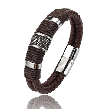 Pulsera para hombre de cuero - Marrón, diseño multicapa de acero inoxidable, elegante y duradero