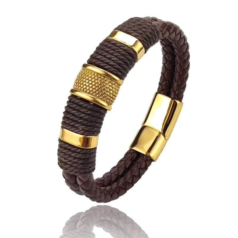 Pulsera para hombre de cuero - Marrón, diseño multicapa de acero inoxidable, elegante y duradero