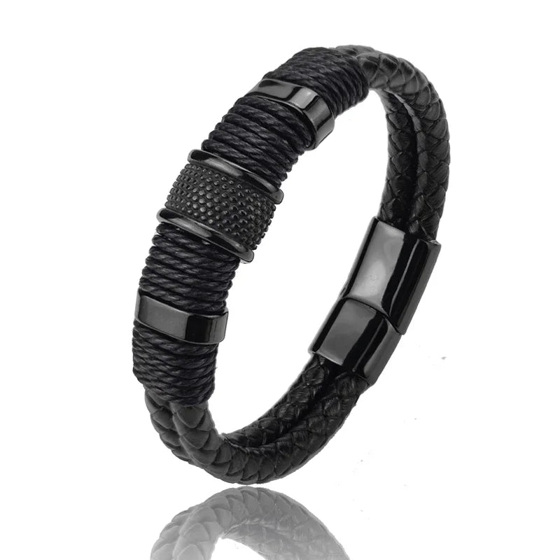 Pulsera para hombre de cuero - Marrón, diseño multicapa de acero inoxidable, elegante y duradero