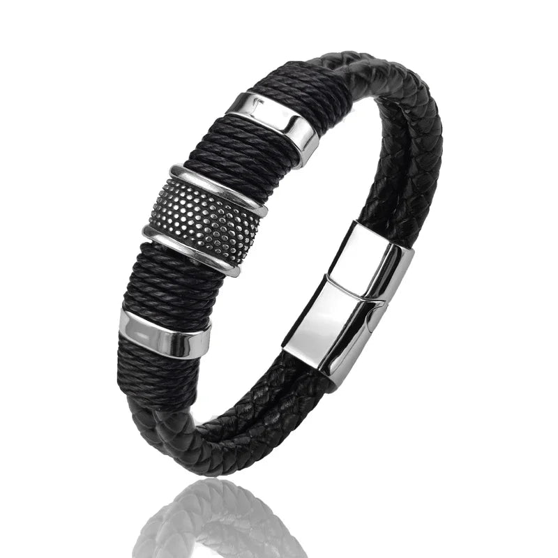 Pulsera para hombre de cuero - Marrón, diseño multicapa de acero inoxidable, elegante y duradero