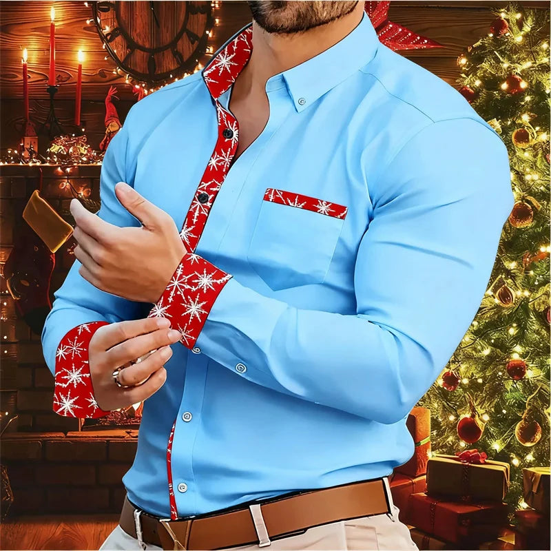 Herenoverhemd met kerstprint en lange mouwen in sneeuwvlokdesign 1