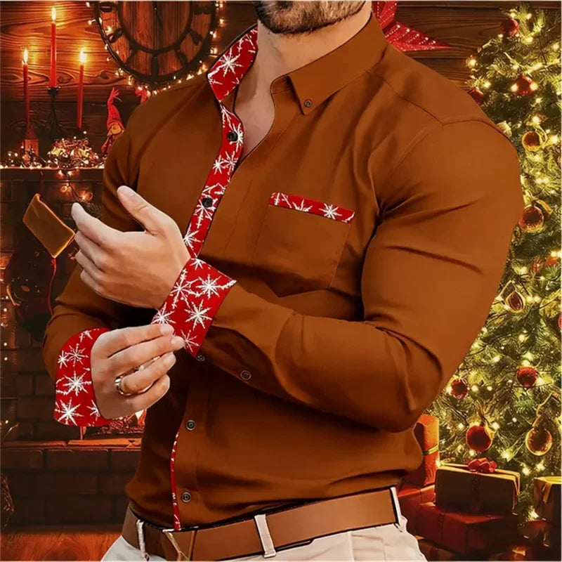 Herenoverhemd met kerstprint en lange mouwen in sneeuwvlokdesign 2