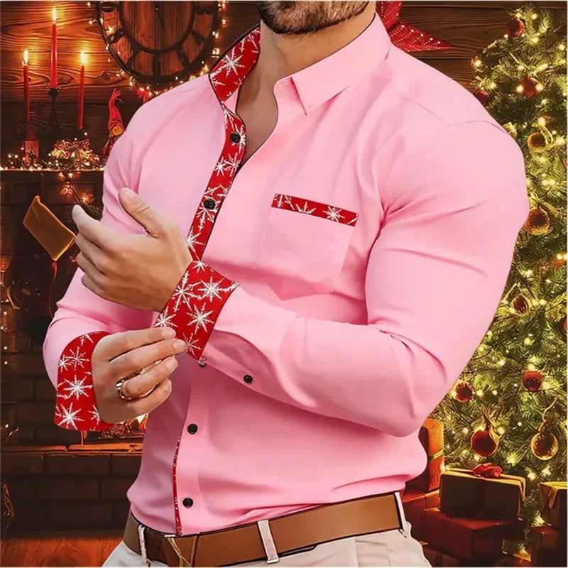 Herenoverhemd met kerstprint en lange mouwen in sneeuwvlokdesign 3