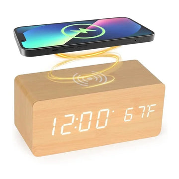 Woodline – Wooden digital clock wireless charging & 3 alarms – bedroom