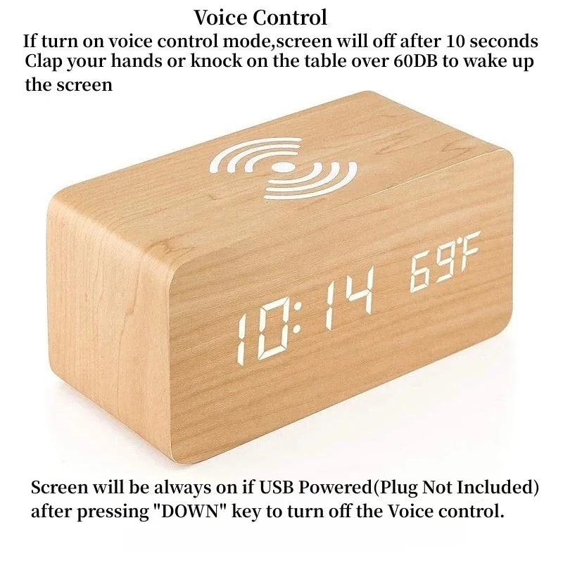 Woodline – Wooden digital clock wireless charging & 3 alarms – bedroom