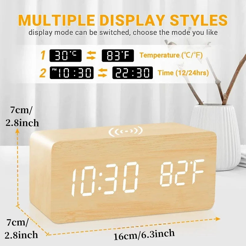 Woodline – Wooden digital clock wireless charging & 3 alarms – bedroom