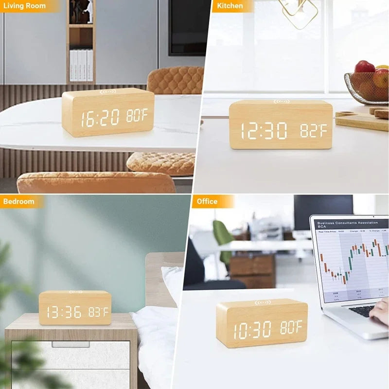 Woodline – Wooden digital clock wireless charging & 3 alarms – bedroom