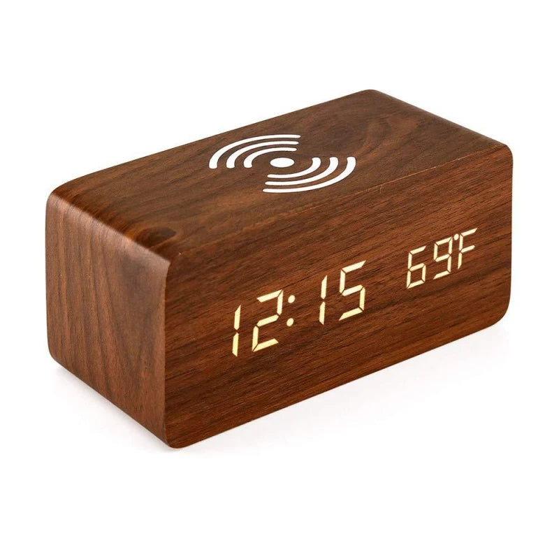 Woodline – Wooden digital clock wireless charging & 3 alarms – bedroom