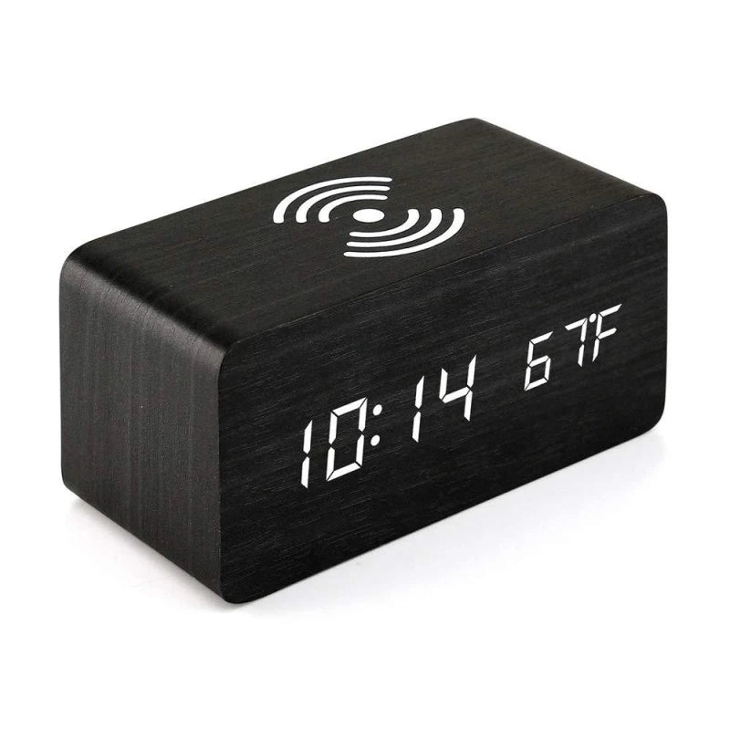 Woodline – Wooden digital clock wireless charging & 3 alarms – bedroom