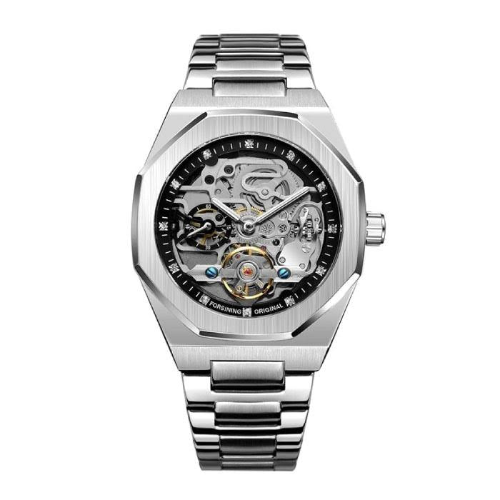 Melzano Skeleton Automatik Horloge - Roestvrijstalen Band met Opengewerkt Mechanisch Uurwerk