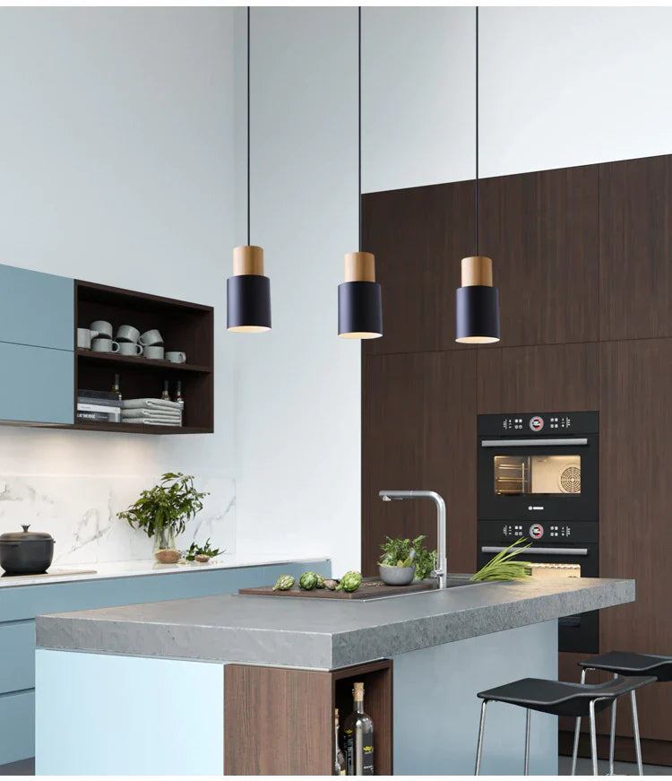 Zylora – Cylinder Pendant Lamp of Wood & Metal, modern & adjustable