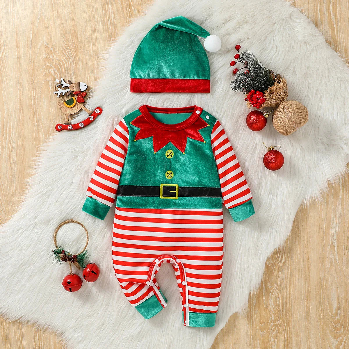 Kerst baby jumpsuit set voor jongens en meisjes met hoed 0