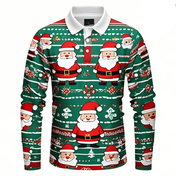 Kerstman 3D grafisch poloshirt voor heren met lange mouwen 0