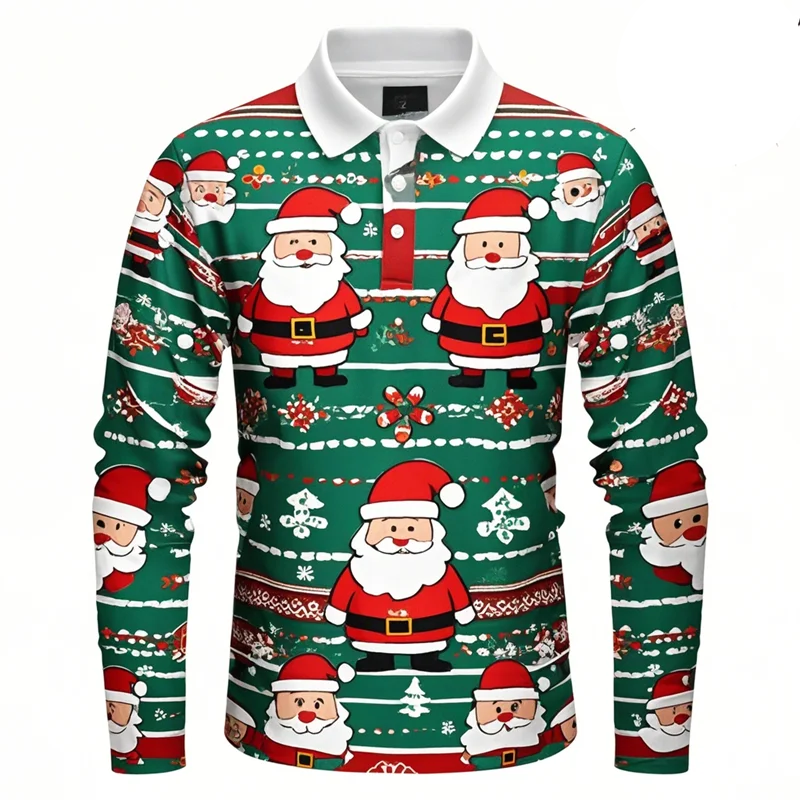 Kerstman 3D grafisch poloshirt voor heren met lange mouwen 0
