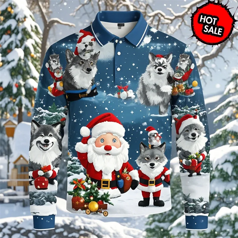 Kerstman 3D grafisch poloshirt voor heren met lange mouwen 4