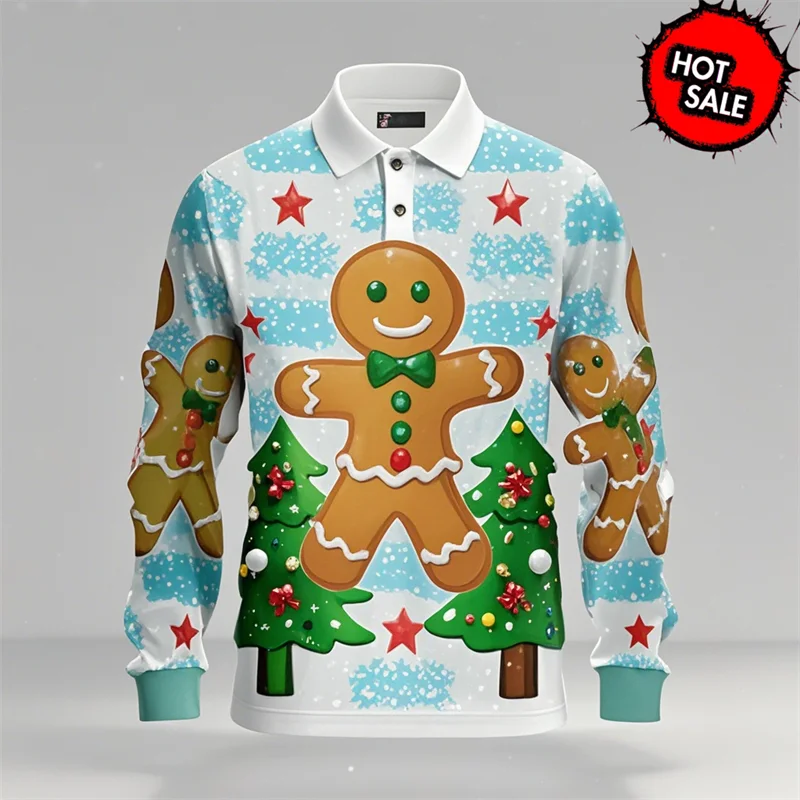 Kerstman 3D grafisch poloshirt voor heren met lange mouwen 6