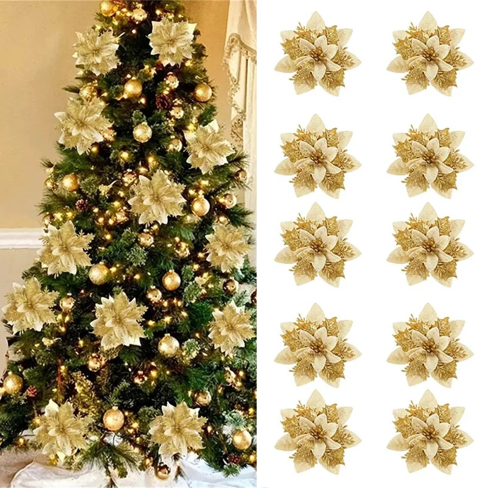 Floravine Kerstbloemen Set –  Roze Rood Goud, 14.5 cm Kunstbloemen voor Feestelijke Decoratie