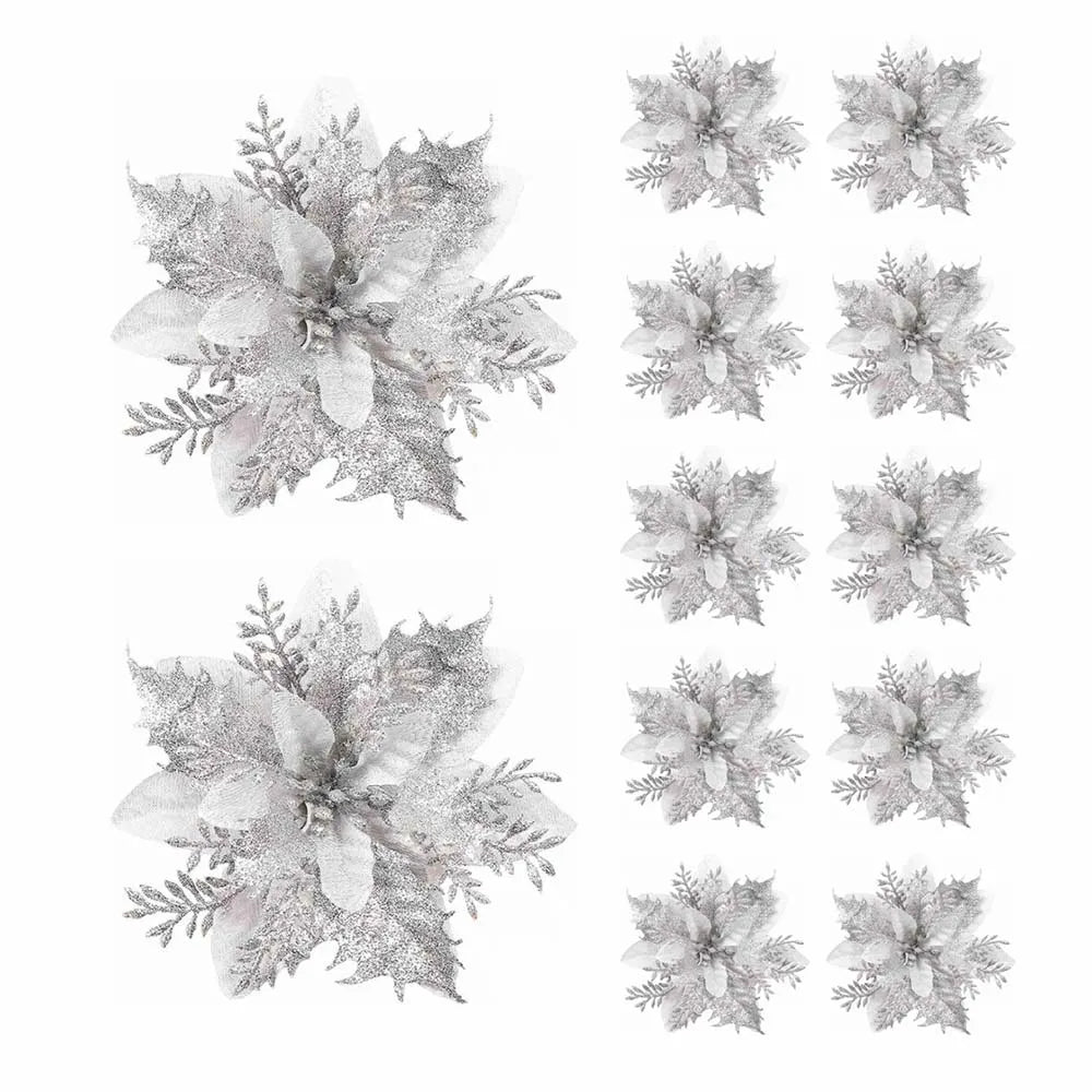 Floravine Kerstbloemen Set –  Roze Rood Goud, 14.5 cm Kunstbloemen voor Feestelijke Decoratie