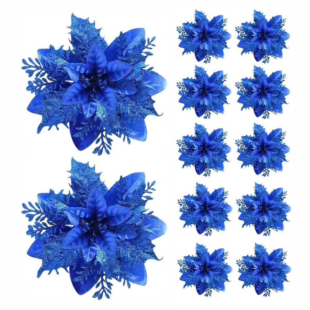 Floravine Kerstbloemen Set –  Roze Rood Goud, 14.5 cm Kunstbloemen voor Feestelijke Decoratie