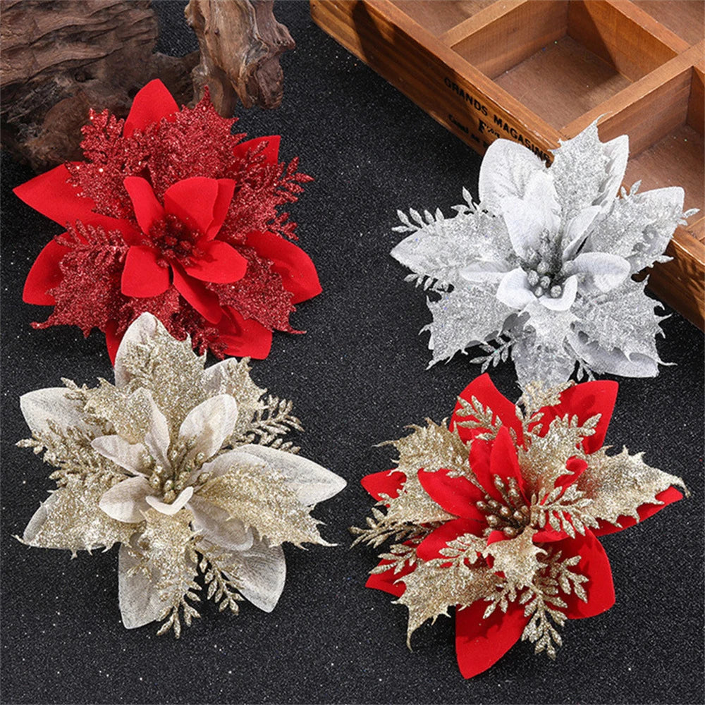 Floravine Kerstbloemen Set –  Roze Rood Goud, 14.5 cm Kunstbloemen voor Feestelijke Decoratie