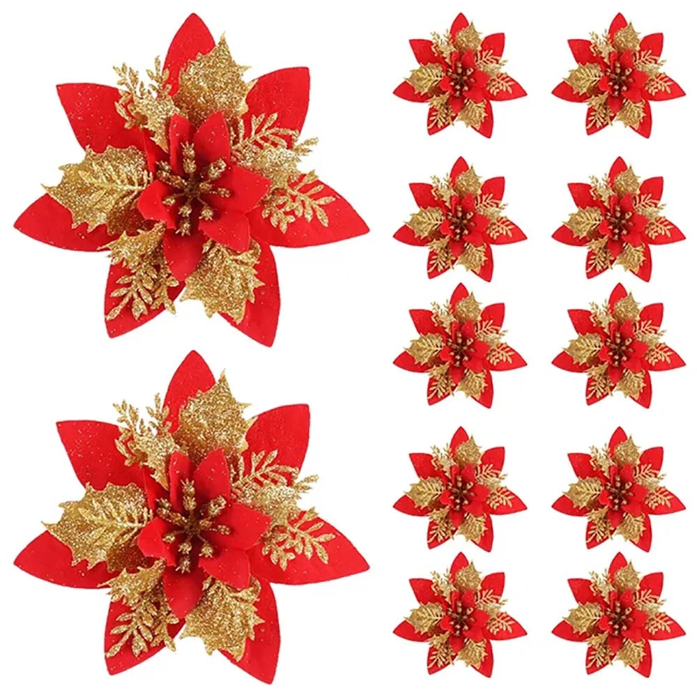 Floravine Kerstbloemen Set –  Roze Rood Goud, 14.5 cm Kunstbloemen voor Feestelijke Decoratie