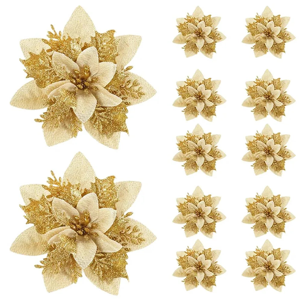 Floravine Kerstbloemen Set –  Roze Rood Goud, 14.5 cm Kunstbloemen voor Feestelijke Decoratie