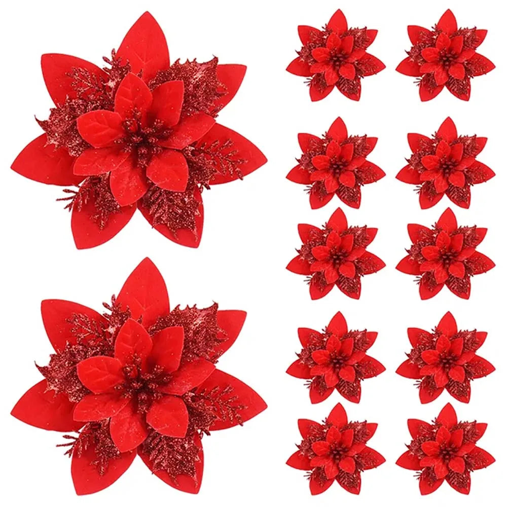 Floravine Kerstbloemen Set –  Roze Rood Goud, 14.5 cm Kunstbloemen voor Feestelijke Decoratie