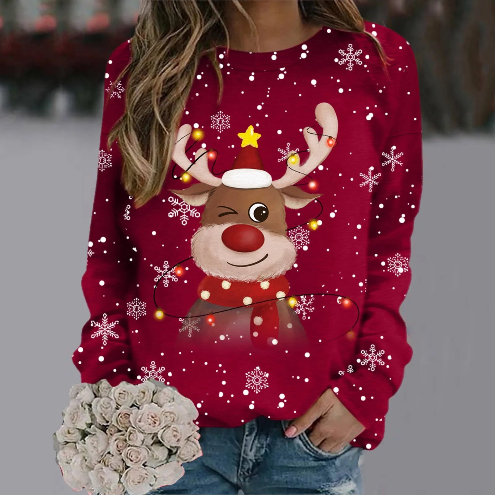 Kersttrui Dames 3D Sneeuwvlokken en Rendierhoofden, Comfortabele Pasvorm, 100% Polyester 10