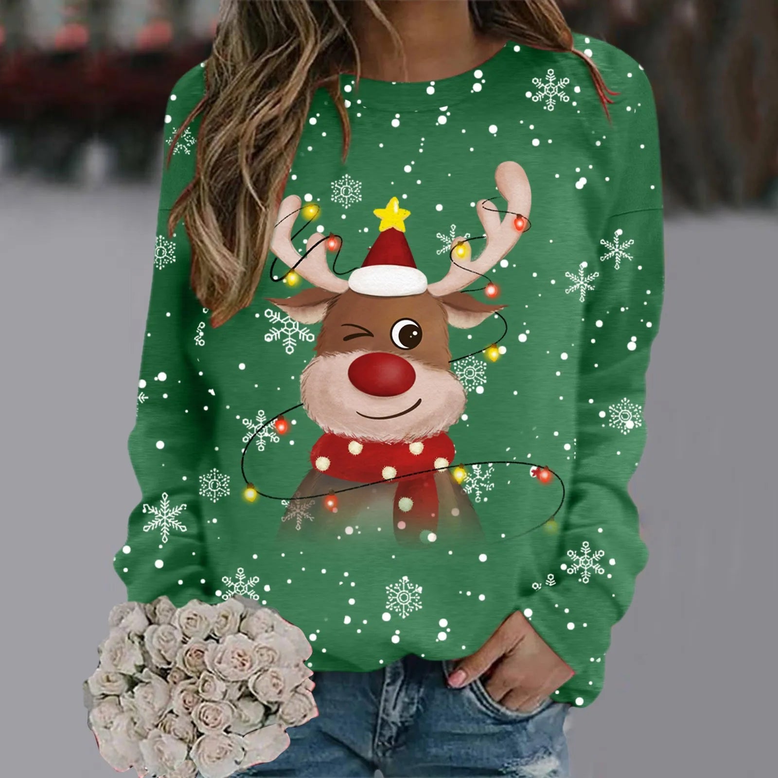 Kersttrui Dames 3D Sneeuwvlokken en Rendierhoofden, Comfortabele Pasvorm, 100% Polyester 6