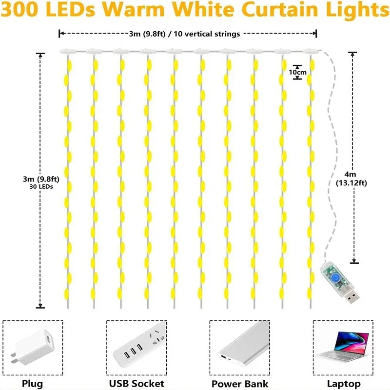 Lumivero LED curtain lights with USB connection – 300 LEDs and 8 modes for party decoration