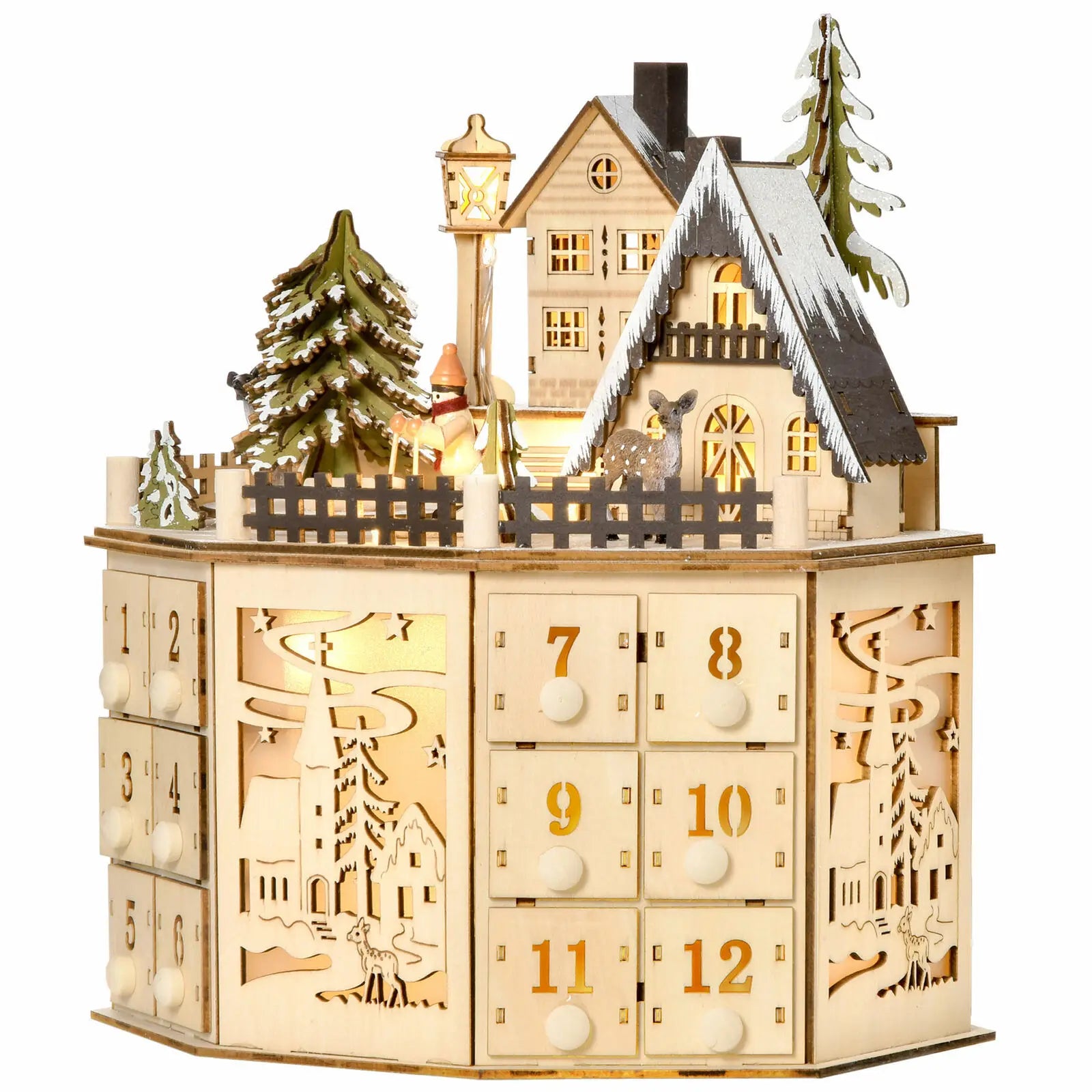 LumiFest – Advent calendar with LED light, Wooden 24-Day Christmas decoration
