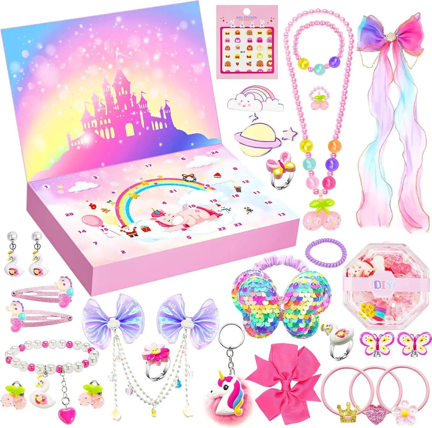 PrettySpark – Calendario de adviento rosa para niñas – 24 joyas y horquillas
