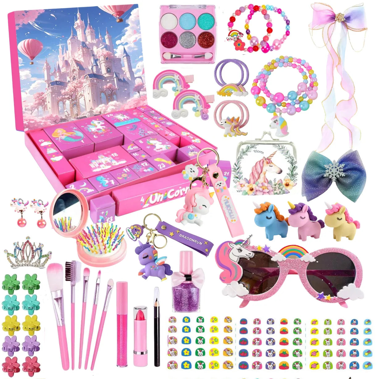 PrettySpark – Calendario de adviento rosa para niñas – 24 joyas y horquillas