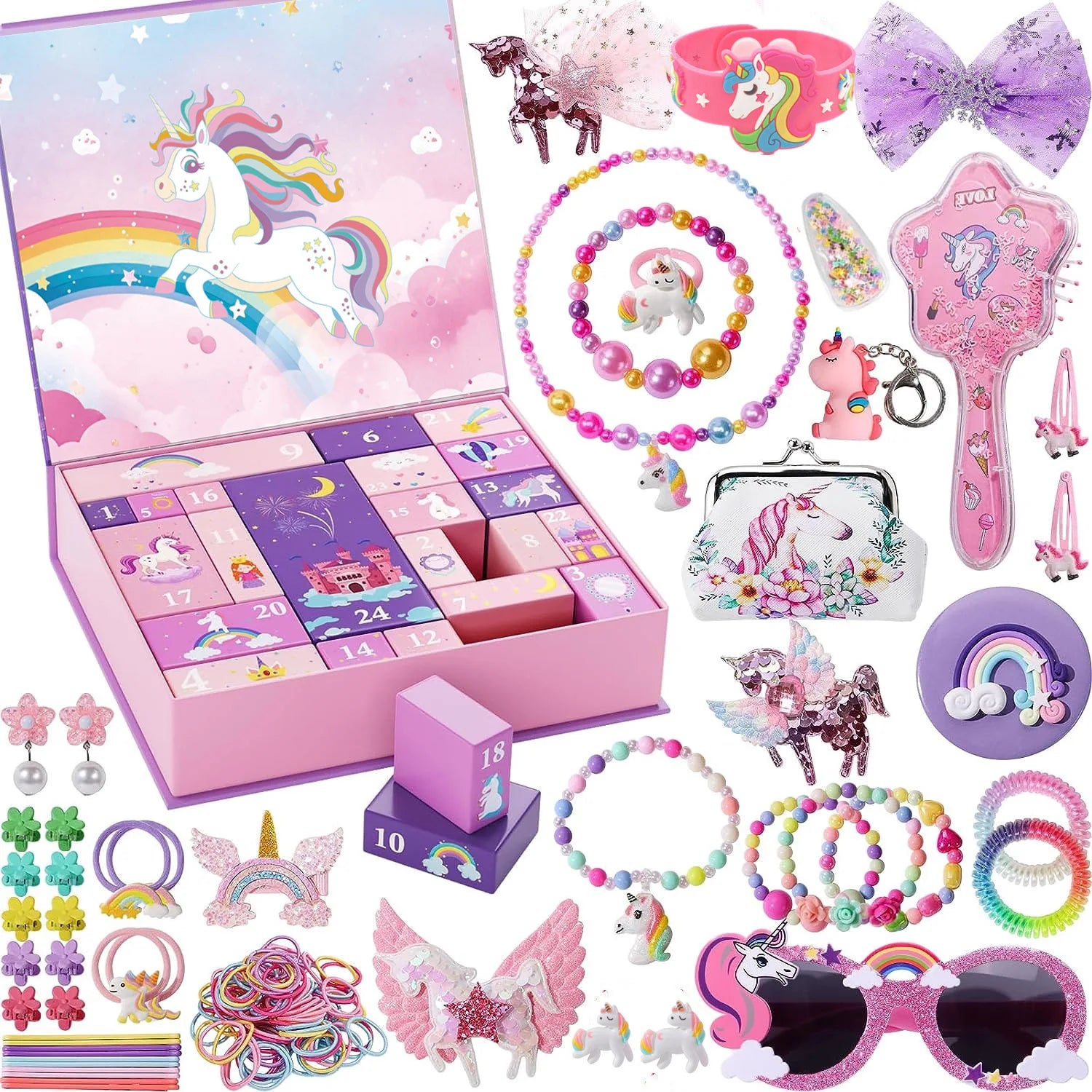 PrettySpark – Calendario de adviento rosa para niñas – 24 joyas y horquillas