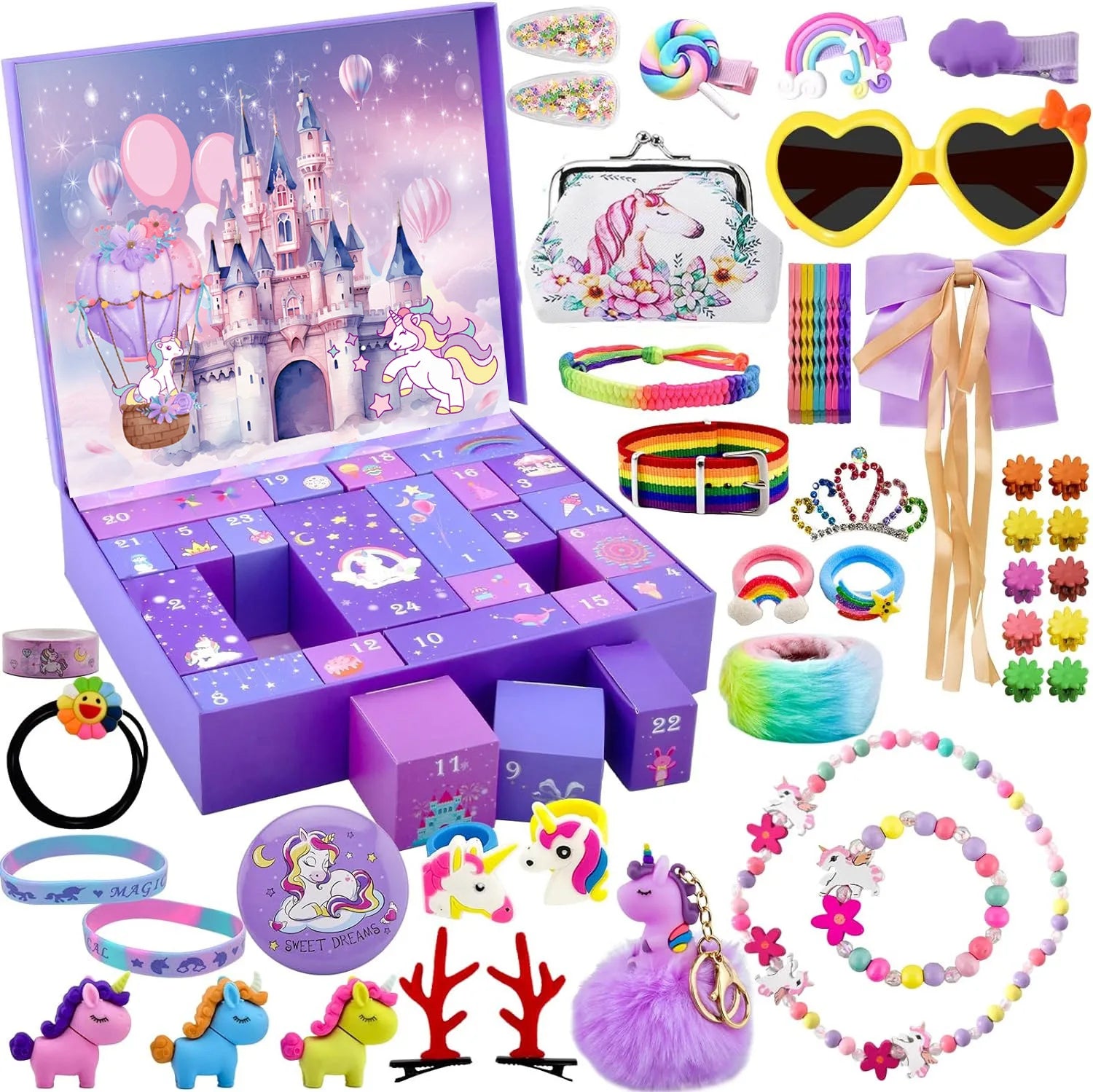 PrettySpark – Calendario de adviento rosa para niñas – 24 joyas y horquillas