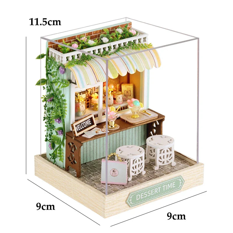 Miniatuur houten poppenhuis met LED-verlichting en meubels 12