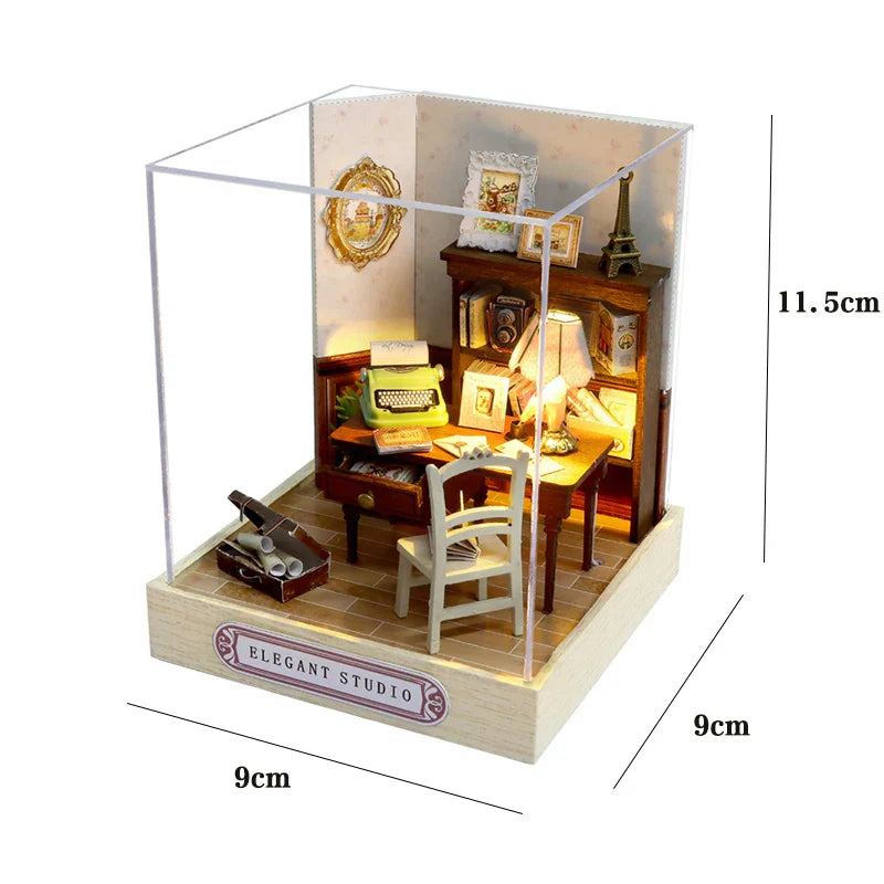 Miniatuur houten poppenhuis met LED-verlichting en meubels 17