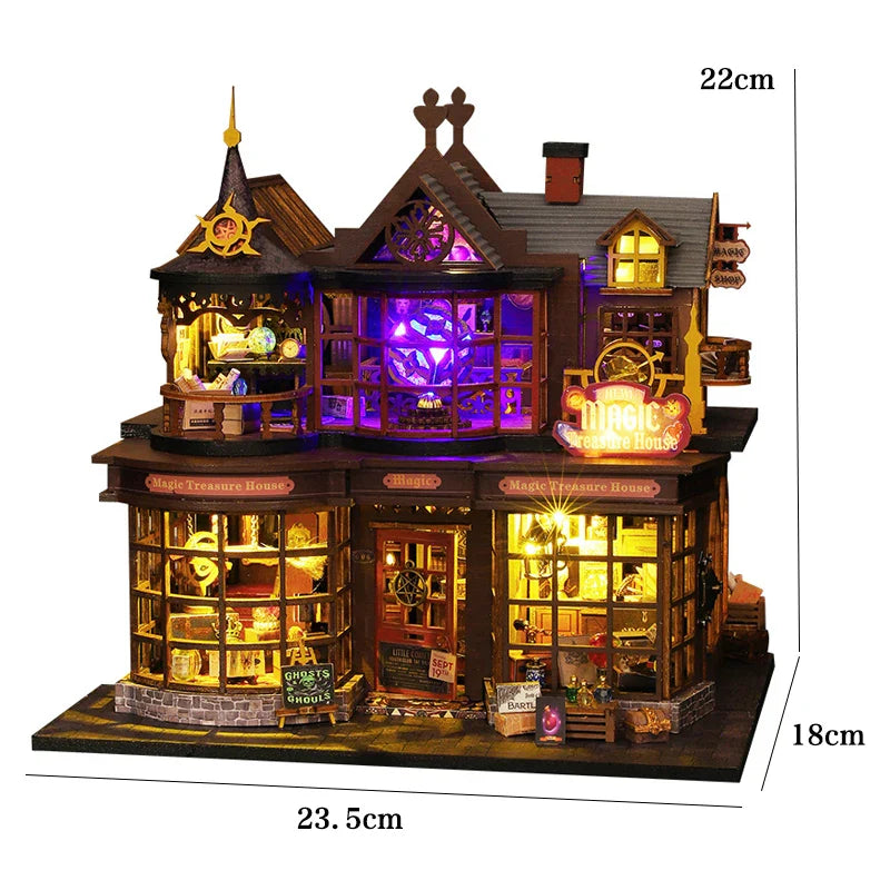 Miniatuur houten poppenhuis met LED-verlichting en meubels 25